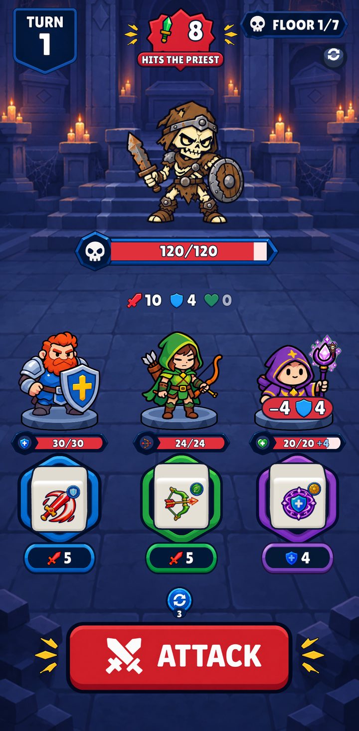 SmashDice battle: three heroes with their dice against a skeleton